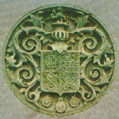 Escudo de armas dos Argollo (Argollo, Queiroz, Gusm�o e Rocha), conforme se encontra no jazigo do bar�o de Caja�ba