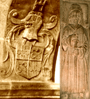 Pormenores da pedra de armas e est&aacute;tua jacente de Jo&atilde;o de Souza de Magalh&atilde;es na matriz de Viana